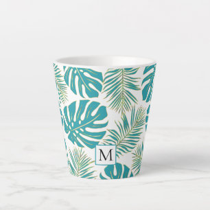 Tropisch blau, goldfarbene Blätter und Monogramm Milchtasse