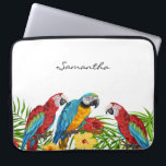Tropisch-blaue Papageien Blätter Sommername Laptopschutzhülle<br><div class="desc">Tropenvögel,  Papageien in Blau,  Gelb und Rot auf den Blätter der grünen Palmen. Dekoriert mit tropischen Blume. Eleganter Weiß als Hintergrund. Template für einen Namen,  schwarz handgeschriebenes Stilskript.</div>