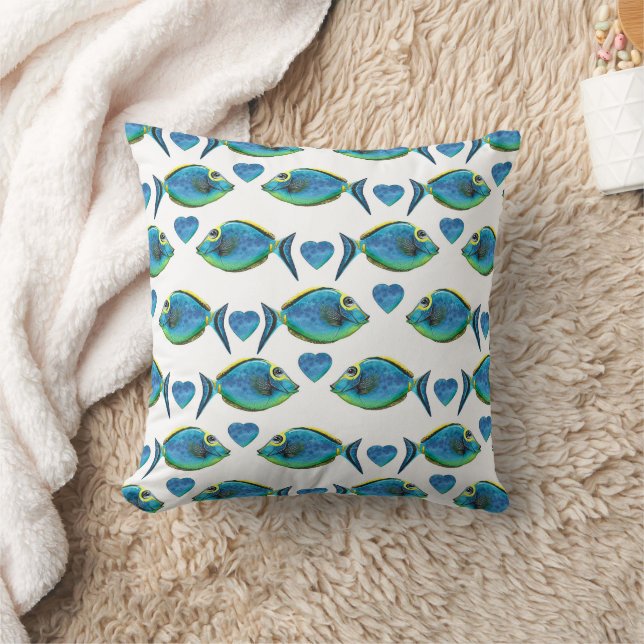 Tropisch blauer Fisch und Herz Kissen (Decke)