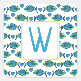 Tropisch blauer Fisch und Herz-Monogramm Quadratischer Aufkleber