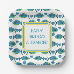 Tropisch blauer Fisch und Herz Pappteller