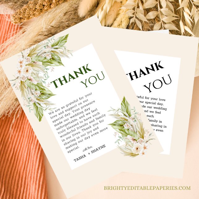 Tropisch delikate Pampas Grass Boho Chic Wedding Dankeskarte (Gratitude in bloom with our delicate pampas grass thank you cards)