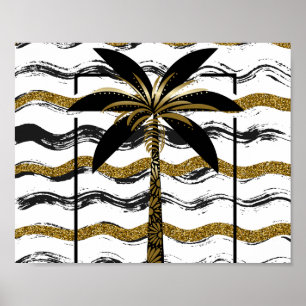 Tropisch druckbare Schwarz-Gold-Palmen-Treppe Poster