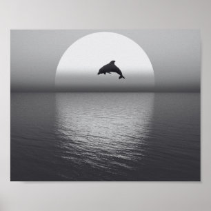 Tropisch-druckbare Schwarz-Weiß-Dolphin-Kunst Poster
