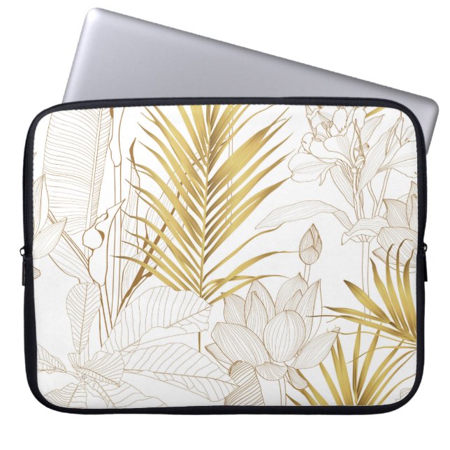 Tropisch exotische Blumenreihen goldfarbene Palmen Laptopschutzhülle (Vorderseite)