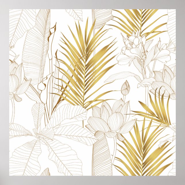 Tropisch exotische Blumenreihen goldfarbene Palmen Poster (Vorne)