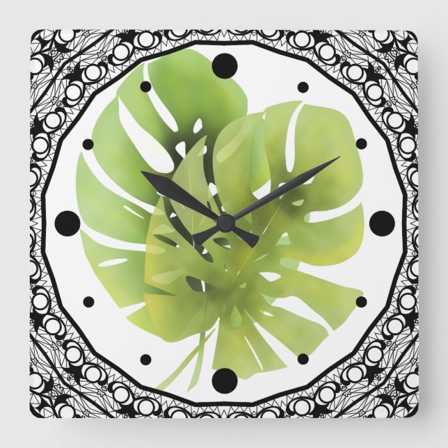 Tropisch exotische Monstera Blätter Aquarell e Quadratische Wanduhr (Vorderseite)