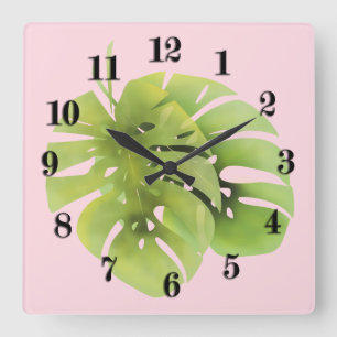 Tropisch exotische Monstera-Blätter Wasserfarbe e Quadratische Wanduhr