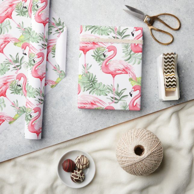 Tropisch-farbenfrohe Flamingo-Muster und Blätter Geschenkpapier (Kunsthandwerk)