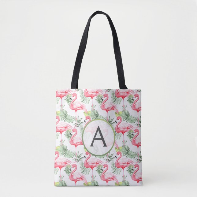 Tropisch farbenfrohe Flamingo und Blätter & Monogr Tasche (Vorderseite)