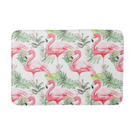 Tropisch farbenfroher Flamingo und Blätter Badematte