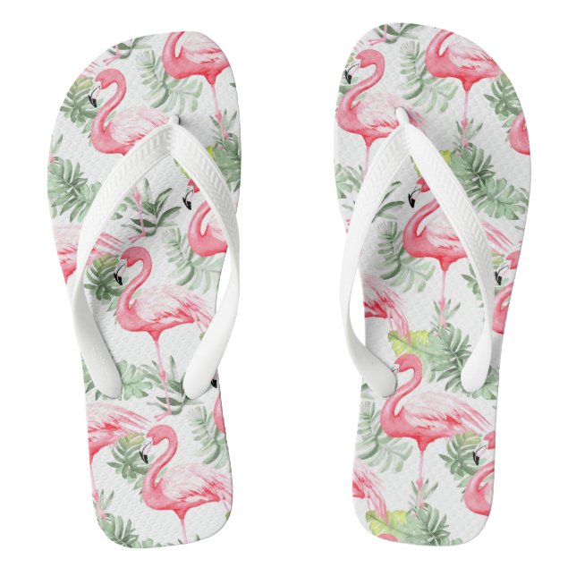 Tropisch farbenfroher Flamingo und Blätter Flip Flops (Fußbett)