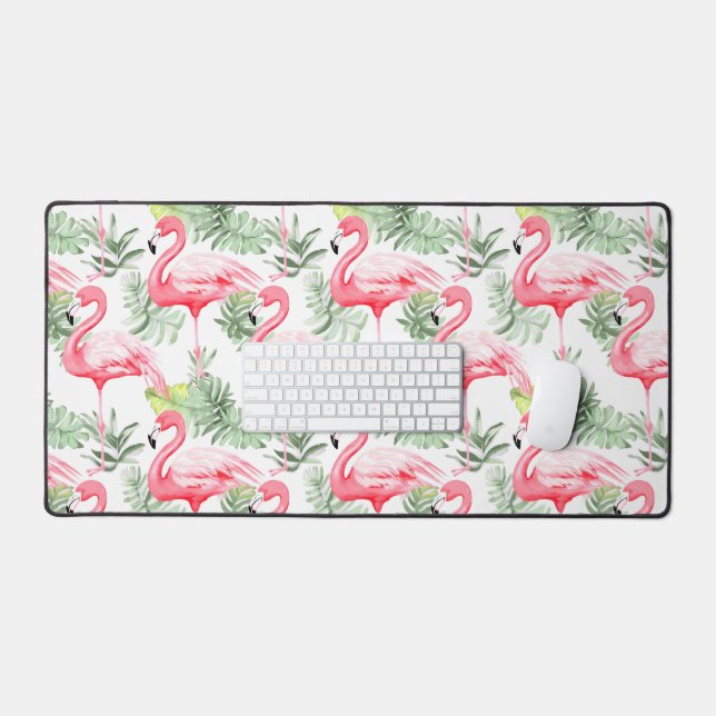 Tropisch farbenfroher Flamingo und Blätter Schreibtischunterlage (Tastatur & Maus)