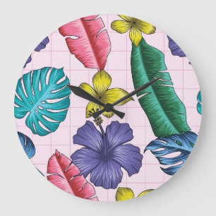 Tropisch floral: nahtloses Blätter-Muster Große Wanduhr