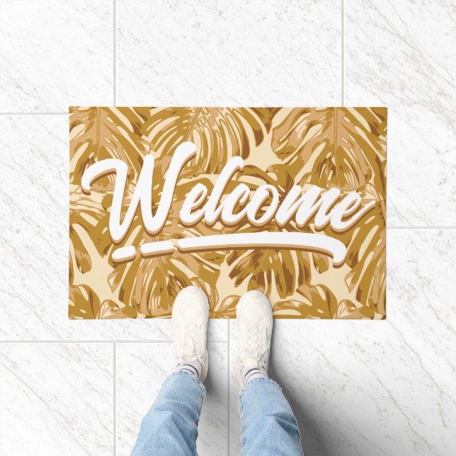 Tropisch gelbe Blätter Boho Script Willkommen Fußmatte (Indoor)