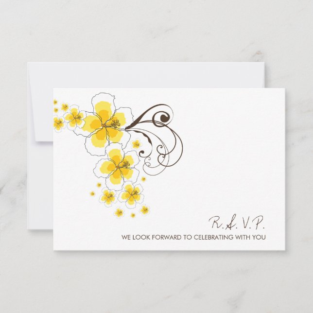 Tropisch gelber Hibiskus Beach Hochzeit in Urlaubs RSVP Karte (Vorderseite)