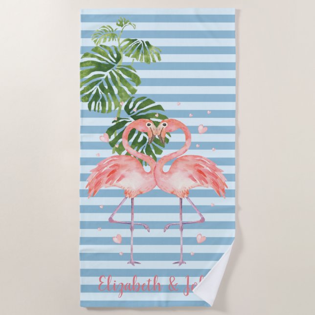 Tropisch, gestreift, Flamingos in Liebe Strandtuch (Vorderseite)