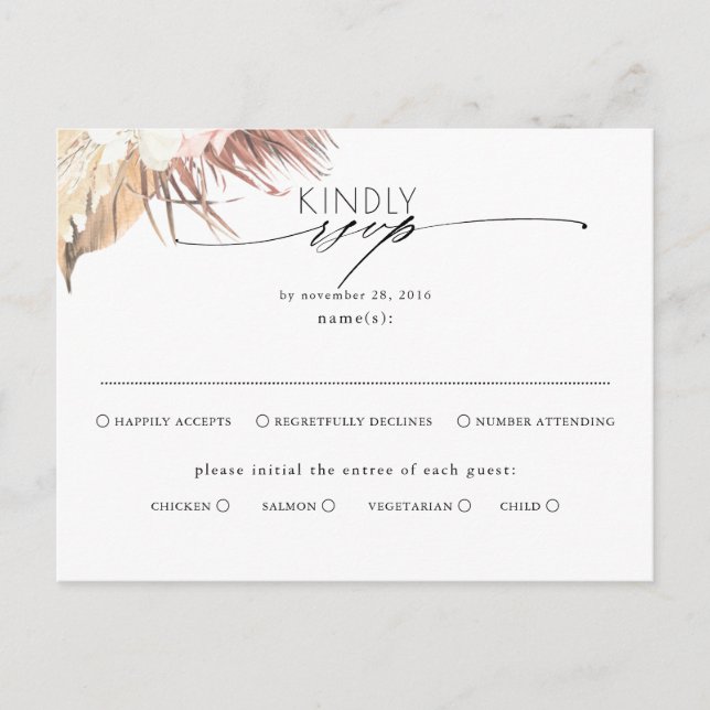 Tropisch getrocknete Palm-Blätter Hochzeit Rsvp Ankündigungspostkarte (Vorderseite)