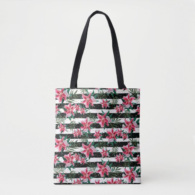 Tropisch glatte Blume Schwarz-Weiß Streifen Tasche (Vorderseite)
