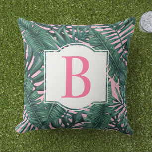 Tropisch grüne Palm Blätter Rosa Monogramm Kissen