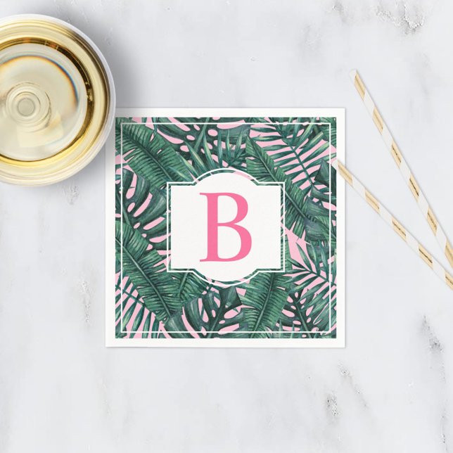 Tropisch grüne Palm Blätter Rosa Monogramm Serviette (Von Creator hochgeladen)