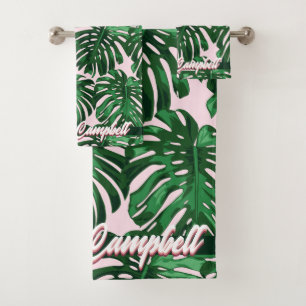 Tropisch-grüne Pink-Girly-Dschungel-Blätter Name Badhandtuch Set