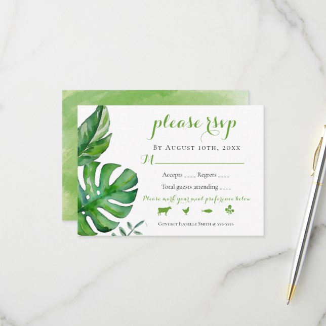 Tropisch grüne Wasserfarbenpalme Blätter Hochzeit  RSVP Karte (Vorderseite/Rückseite Beispiel)