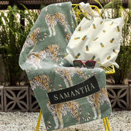 Tropisch grünes Aquarellmuster mit Namen Badhandtuch Set