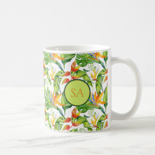 Tropisch grünes Monstera und Orange Blätter Kaffeetasse