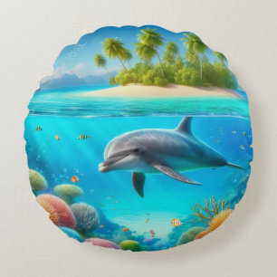 Tropisch/Hawaii farbiger Unterwasserdelphin Rundes Kissen