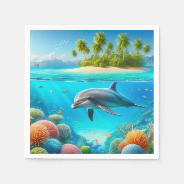 Tropisch/Hawaii farbiger Unterwasserdelphin Serviette (Vorderseite)