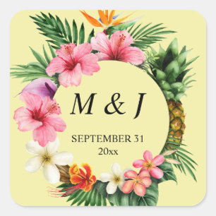 Tropisch Hawaiian Floral Monogram, gelb Quadratischer Aufkleber