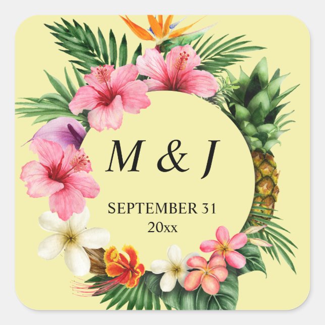 Tropisch Hawaiian Floral Monogram, gelb Quadratischer Aufkleber (Vorderseite)