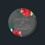 Tropisch-hawaiianische Blume auf der eleganten gra Magnet<br><div class="desc">Dieser benutzerdefinierte Keepake-Magnet zeichnet sich durch ein tropisches Hochzeitsthema am Strand oder auf der Insel aus. Der Hintergrund ist schlicht und elegant grau mit bunten,  tropischen hawaiianischen Blume. Blumenstrauß mit Palmenbouquets,  Hibiskus und Frangipani-Blume prägen die Ränder.</div>