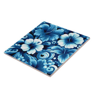 Tropisch-hawaiianische Blume Hibiskus Blaues Muste Fliese