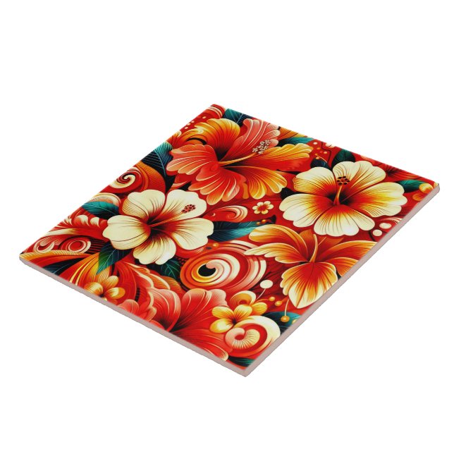 Tropisch-hawaiianische Blume Hibiskus Orange Patte Fliese (Seite)