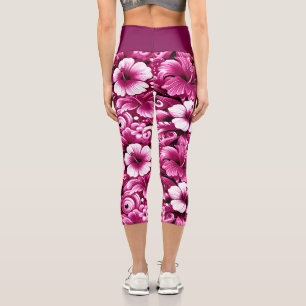 Tropisch-hawaiianische Blume Hibiskus Rosa Weiß Capri Leggings