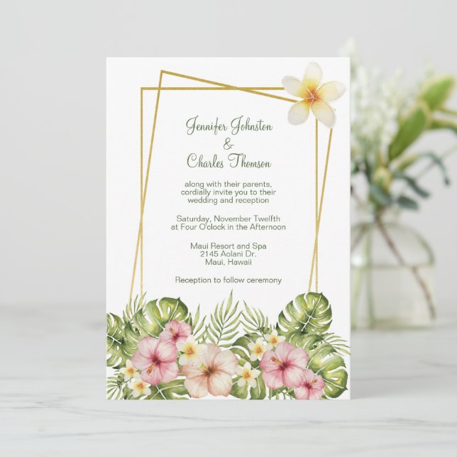 Tropisch-hawaiianische Blume Hochzeit Einladung (Stehend Vorderseite)