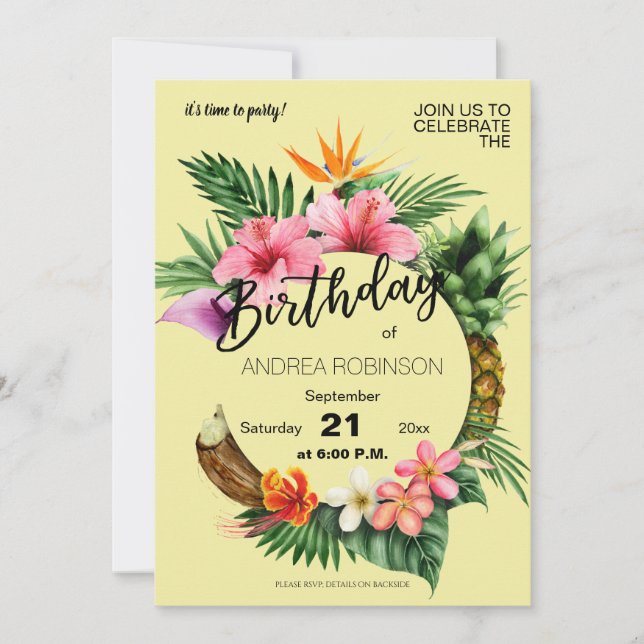 Tropisch-Hawaiianische Blumengeburtsparty gelb Einladung (Vorderseite)