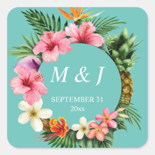 Tropisch-Hawaiianisches Blumenmonogramm - blau Quadratischer Aufkleber