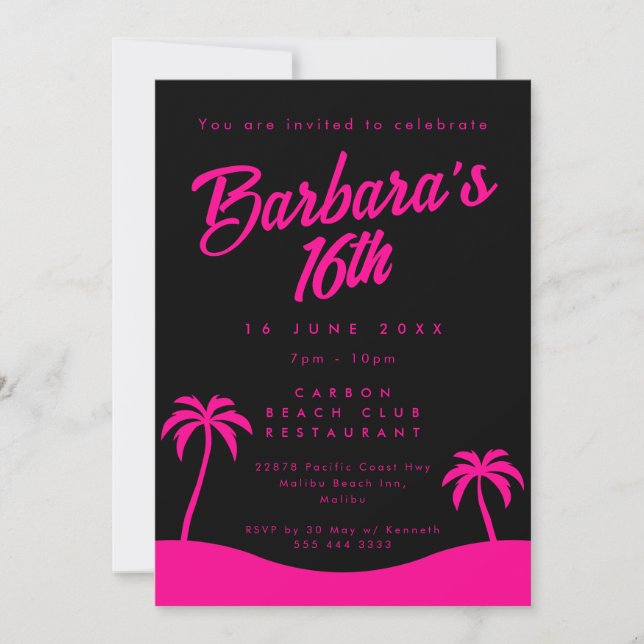 Tropisch Hot Pink Black Summer Beach Sweet 16 Einladung (Vorderseite)