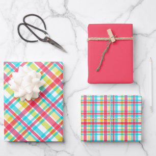 Tropisch - Koralle, Blau, Chartreuse, Gelb Kariert Geschenkpapier Set