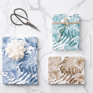 Tropisch lila blaue cremefarbene Blütenblätter Geb Geschenkpapier Set