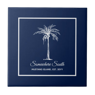 Tropisch Navy Blau Weiße Palme Personalisiert Fliese