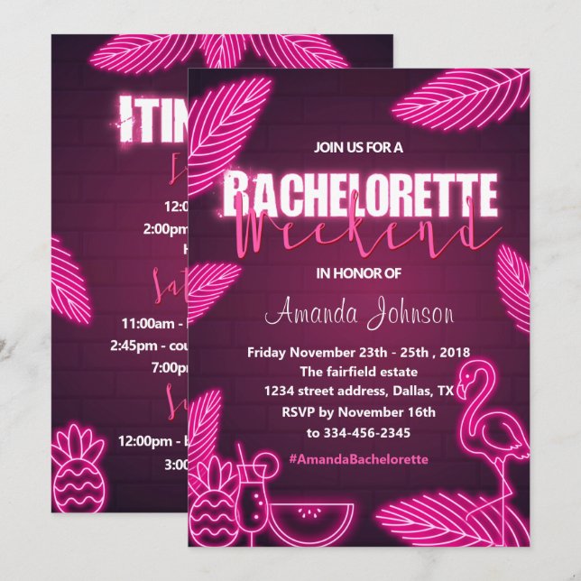 Tropisch Pink Neon Bachelorette Wochenende Einladu Einladung (Vorne/Hinten)