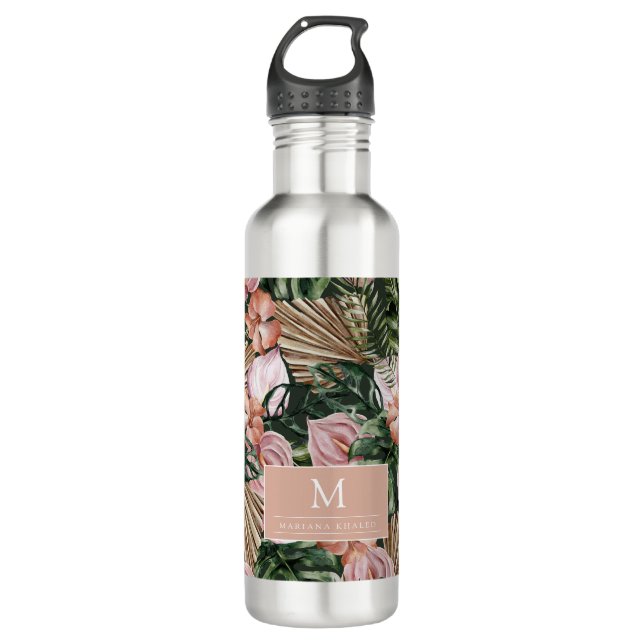 Tropisch Pink Peache Blume Blätter Dschungel Edelstahlflasche (Vorderseite)