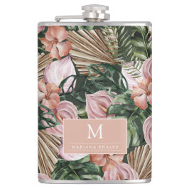 Tropisch Pink Peache Blume Blätter Dschungel Flachmann