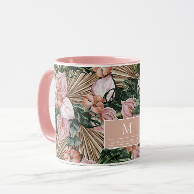 Tropisch Pink Peache Blume Blätter Dschungel Tasse (Vorderseite Links)