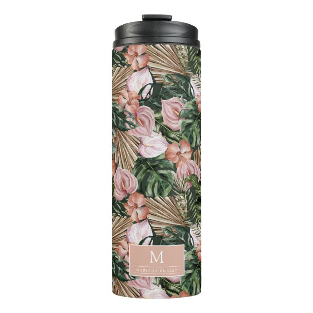Tropisch Pink Peache Blume Blätter Dschungel Thermosbecher (Vorderseite)