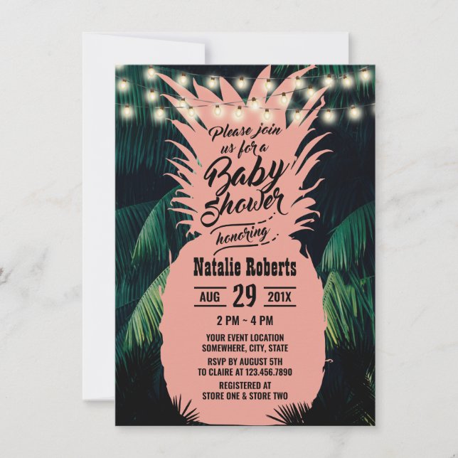 Tropisch rosa Ananas Palm Tree Baby Dusche Einladung (Vorderseite)
